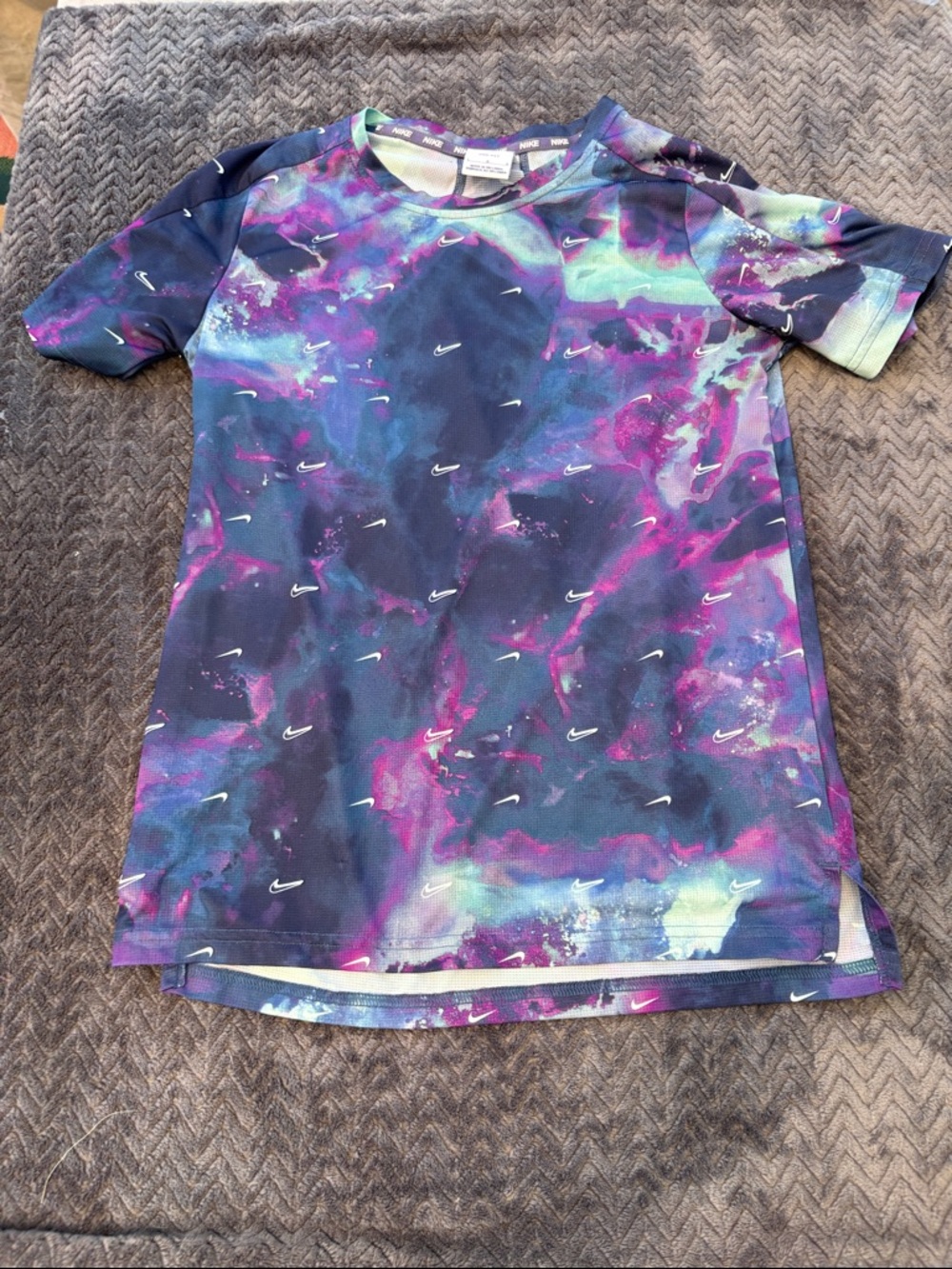Nike Kids Short Sleeve Tee in Navy, Purple & Teal Galaxy Print